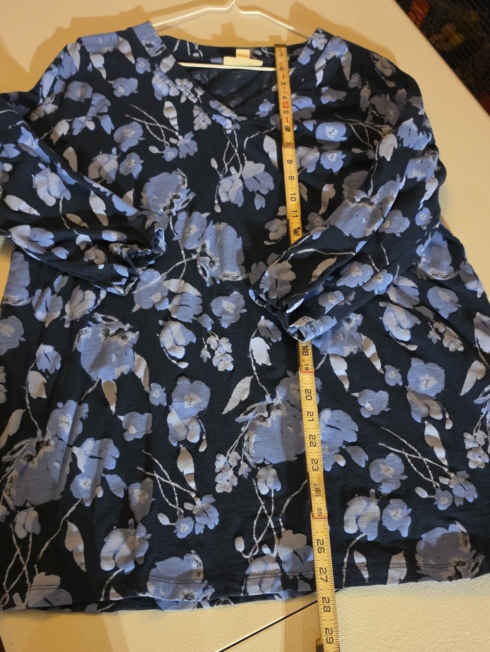 Style & Co. Navy Long Sleeve Floral V-Neck Dress with Periwinkle Blooms
